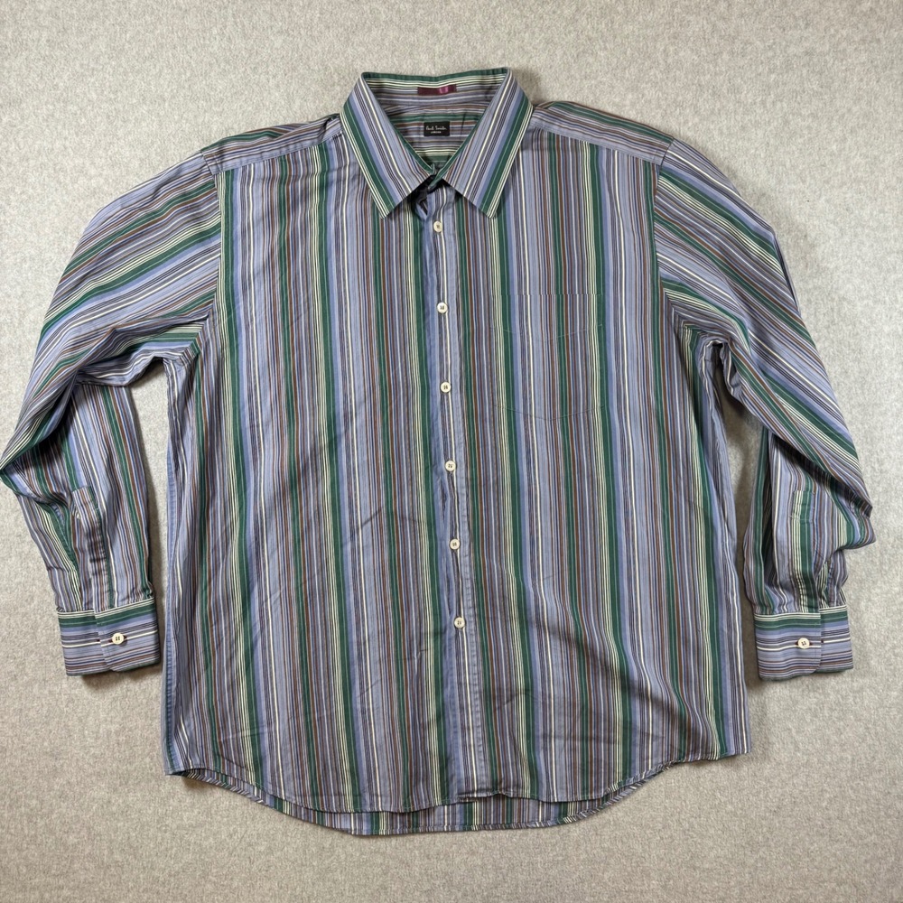 Paul Smith London Mens Blue Green Striped Button Down Shirt Made in Italy 18-46